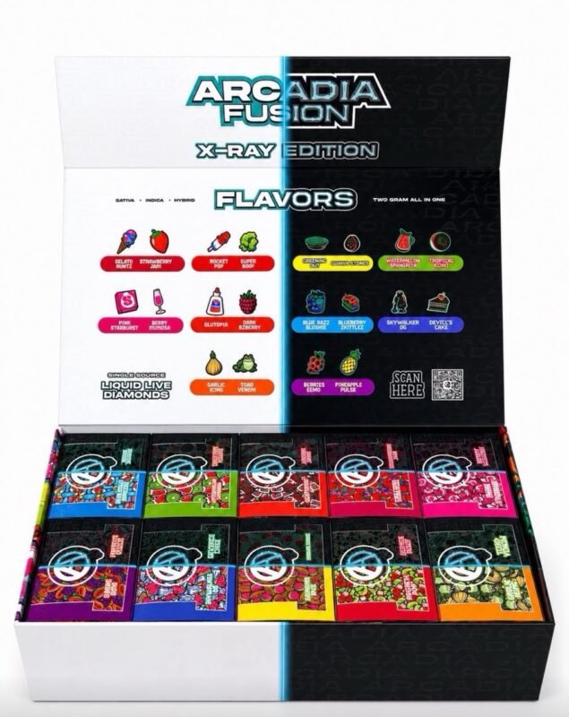 Arcadia X Ray Edition – 2 Gram is een vooraf gevulde cannabis-vape met een aangegeven capaciteit van 2 gram. Het product heeft een compact, geïntegreerd ontwerp met onderdelen zoals een extractreservoir, verwarmingselement en batterij. De exacte cannabinoïdepotentie, ingrediënten, extractsoort, smaak en technische specificaties kunnen per uitvoering of batch verschillen en moeten worden gecontroleerd op de originele verpakking.